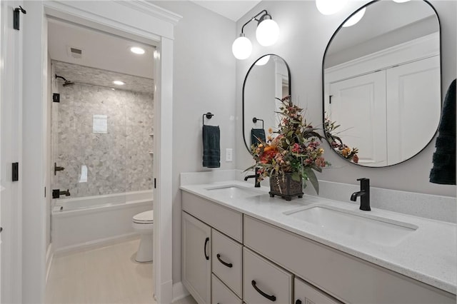 full bath featuring toilet, double vanity, shower / bath combination, tile patterned flooring, and recessed lighting