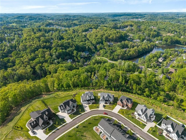 aerial perspective of suburban area featuring a forest and a nearby body of water