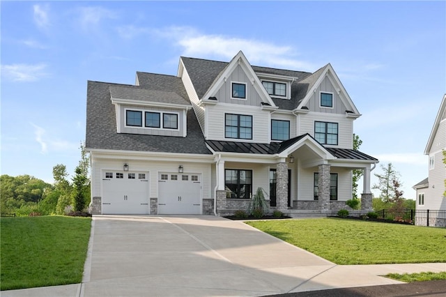 craftsman-style house featuring driveway, a standing seam roof, stone siding, and board and batten siding