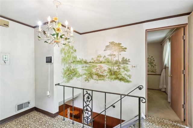 4782 Barone Dr, Whitehall, PA 15227 - hall featuring a chandelier, crown molding, baseboards, and carpet floors