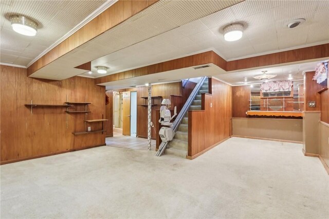 4782 Barone Dr, Whitehall, PA 15227 - finished basement with stairs, carpet, wooden walls, and ornamental molding