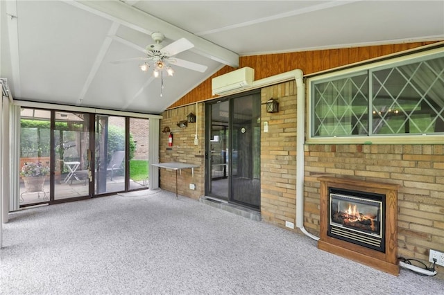 4782 Barone Dr, Whitehall, PA 15227 - unfurnished living room featuring carpet flooring, an AC wall unit, ceiling fan, a brick fireplace, and wood walls