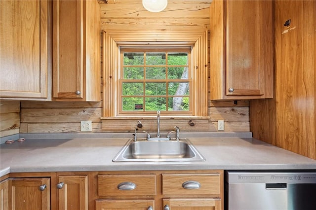365 Hemlock Bnd, Emlenton, PA 16373 - kitchen with dishwasher, a sink, light countertops, and wooden walls