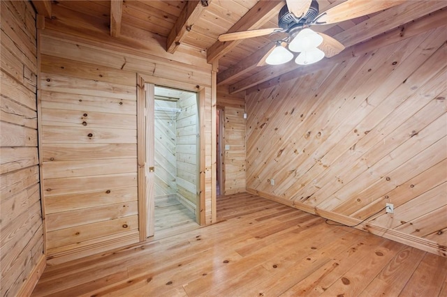 365 Hemlock Bnd, Emlenton, PA 16373 - spare room with wooden ceiling with exposed beams, wood walls, light wood finished floors, and ceiling fan