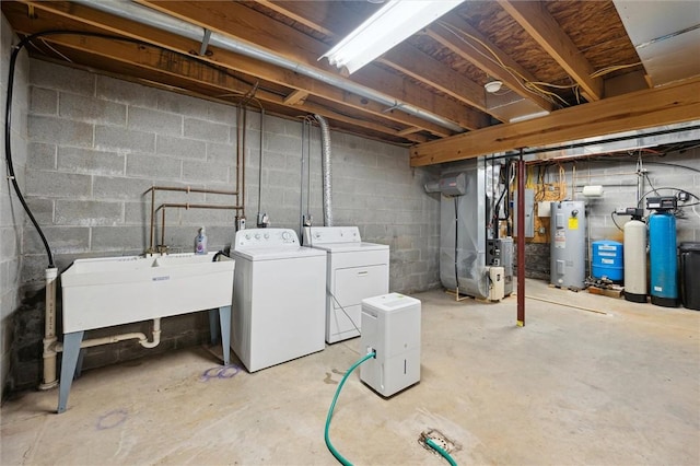 365 Hemlock Bnd, Emlenton, PA 16373 - unfinished basement featuring washing machine and dryer, electric water heater, a water softener system, heating unit, and a sink