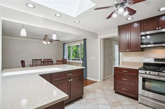 200 Dorseyville Rd, Ohara, PA 15215 - kitchen with stainless steel appliances, a ceiling fan, recessed lighting, a skylight, and decorative light fixtures