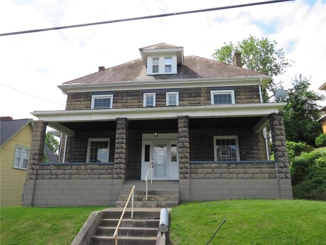 802 Howard St, Monongahela, PA 15063 - american foursquare style home featuring a porch, a front lawn, and a chimney