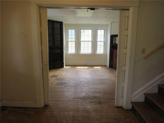802 Howard St, Monongahela, PA 15063 - hall with stairway, wood finished floors, baseboards, and a paneled ceiling