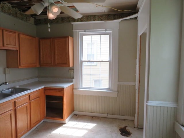 802 Howard St, Monongahela, PA 15063 - kitchen featuring a sink, wainscoting, light countertops, and a ceiling fan