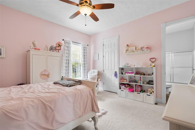 bedroom featuring carpet floors, ceiling fan, and baseboards
