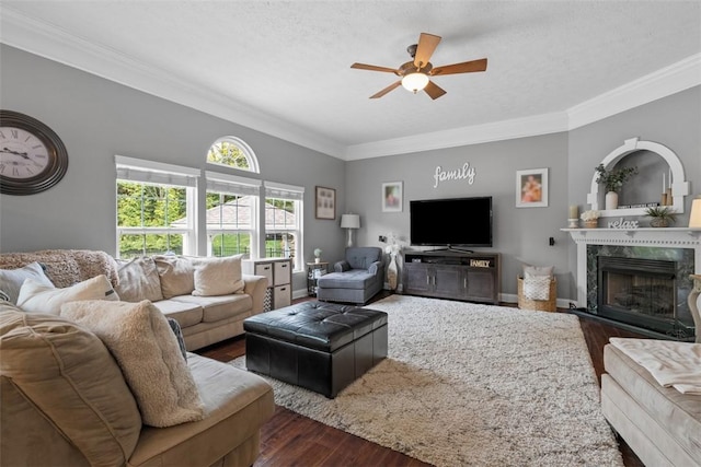 living area with a ceiling fan, dark wood-type flooring, crown molding, a premium fireplace, and a textured ceiling