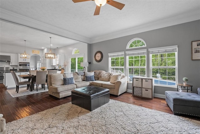 living room featuring a ceiling fan, ornamental molding, dark wood-style floors, a textured ceiling, and a chandelier
