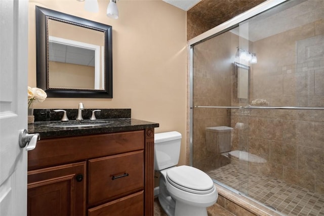 bathroom with toilet, a shower stall, and vanity