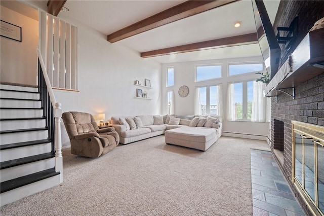 116 Tangelo Dr, Jefferson Hills, PA 15025 - living area with beamed ceiling, a brick fireplace, stairway, carpet floors, and baseboard heating