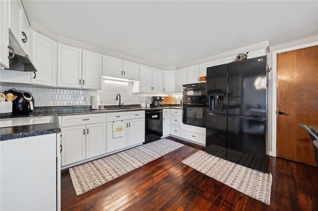 116 Tangelo Dr, Jefferson Hills, PA 15025 - kitchen featuring black appliances, a sink, under cabinet range hood, white cabinets, and dark wood finished floors