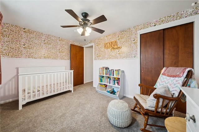 116 Tangelo Dr, Jefferson Hills, PA 15025 - bedroom featuring wallpapered walls, a nursery area, carpet floors, a closet, and ceiling fan