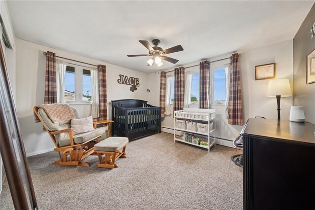 116 Tangelo Dr, Jefferson Hills, PA 15025 - bedroom with carpet floors, ceiling fan, baseboards, and a baseboard radiator