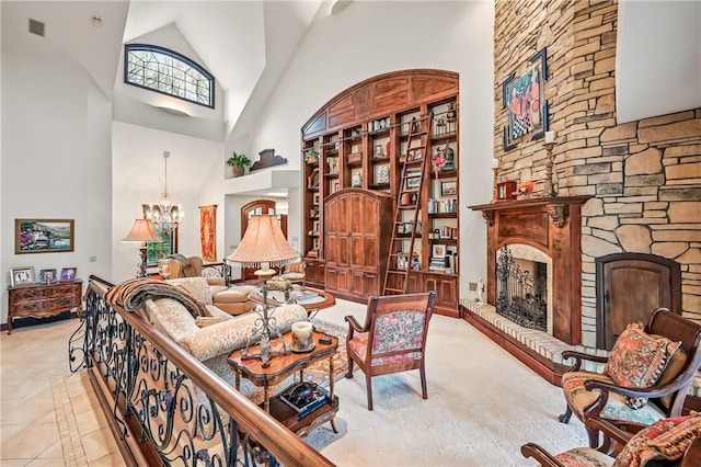 carpeted living area featuring high vaulted ceiling, a large fireplace, a chandelier, and tile patterned floors