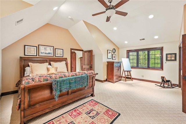 bedroom with baseboards, light carpet, vaulted ceiling, recessed lighting, and a ceiling fan
