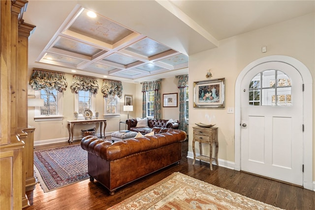 265 Scaife Rd, Sewickley Heights, PA 15143 - living room featuring dark wood-type flooring, baseboards, beam ceiling, and coffered ceiling