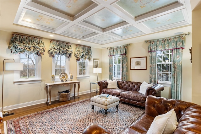 265 Scaife Rd, Sewickley Heights, PA 15143 - living room featuring wood finished floors, baseboards, coffered ceiling, and beamed ceiling