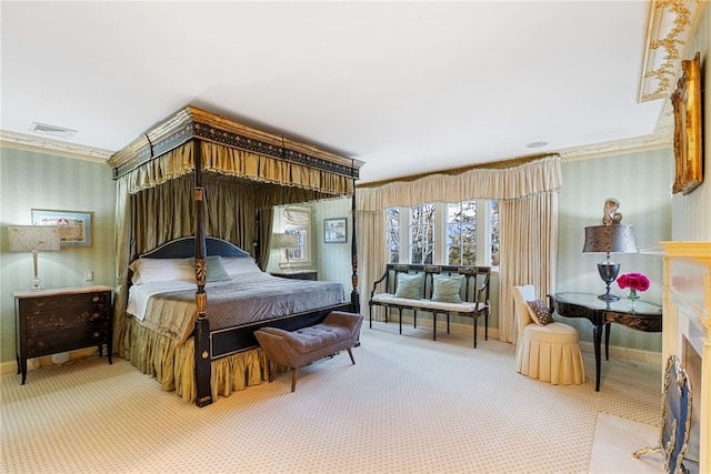 265 Scaife Rd, Sewickley Heights, PA 15143 - carpeted bedroom with crown molding, baseboards, and wallpapered walls