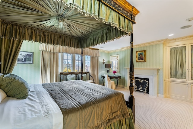 265 Scaife Rd, Sewickley Heights, PA 15143 - carpeted bedroom with a fireplace with flush hearth and crown molding