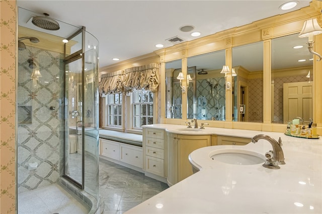 265 Scaife Rd, Sewickley Heights, PA 15143 - bathroom with a stall shower, ornamental molding, vanity, recessed lighting, and marble finish flooring