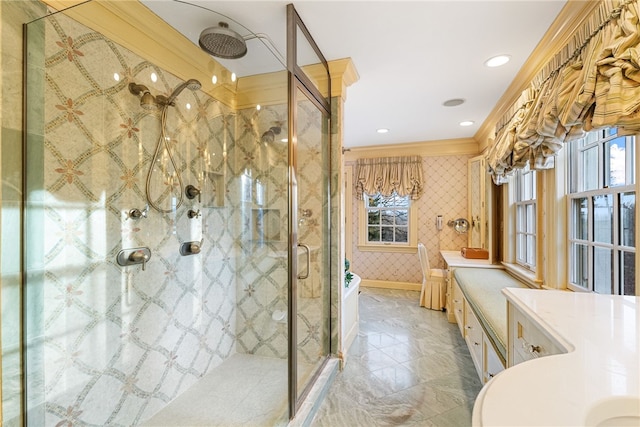 265 Scaife Rd, Sewickley Heights, PA 15143 - full bathroom with ornamental molding, a stall shower, plenty of natural light, vanity, and marble finish flooring