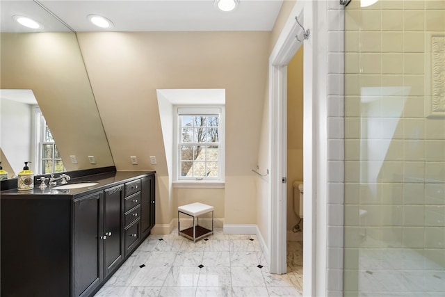 265 Scaife Rd, Sewickley Heights, PA 15143 - bathroom featuring marble look tiles, vanity, baseboards, toilet, and recessed lighting