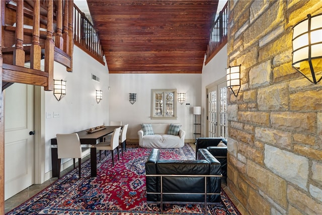 265 Scaife Rd, Sewickley Heights, PA 15143 - living area featuring high vaulted ceiling, wooden ceiling, and french doors