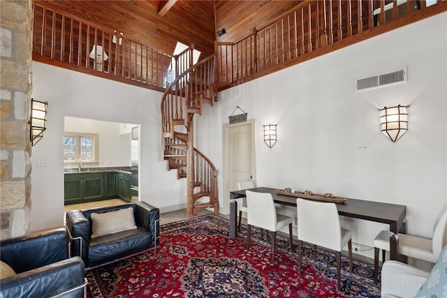 265 Scaife Rd, Sewickley Heights, PA 15143 - living room with a towering ceiling, stairway, and wooden ceiling