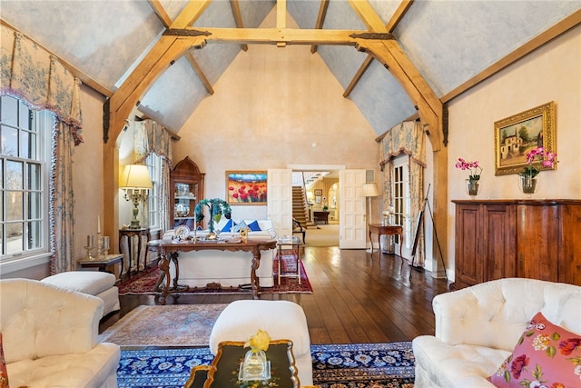 265 Scaife Rd, Sewickley Heights, PA 15143 - living area featuring high vaulted ceiling, plenty of natural light, hardwood / wood-style flooring, baseboards, and beam ceiling