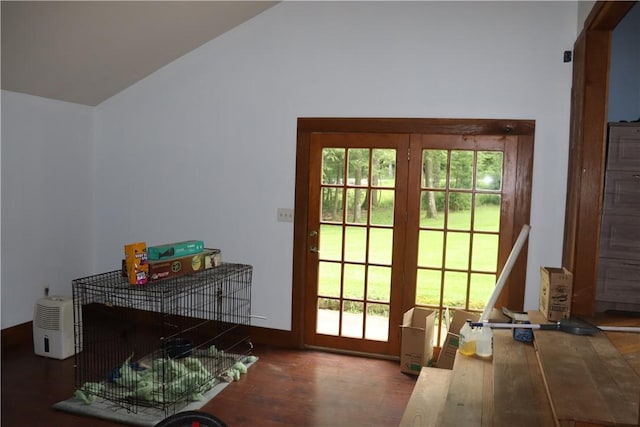entryway with wood finished floors and high vaulted ceiling