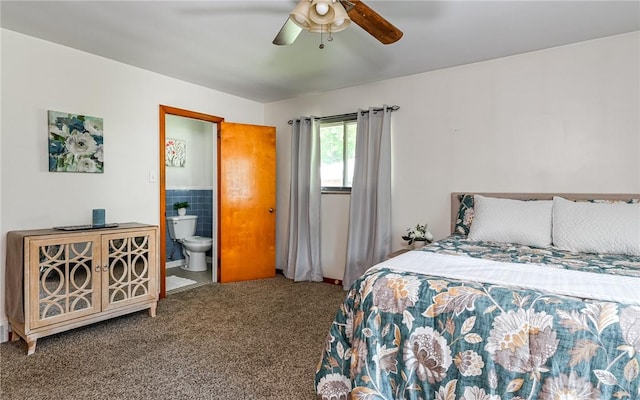 bedroom featuring carpet flooring, connected bathroom, and a ceiling fan