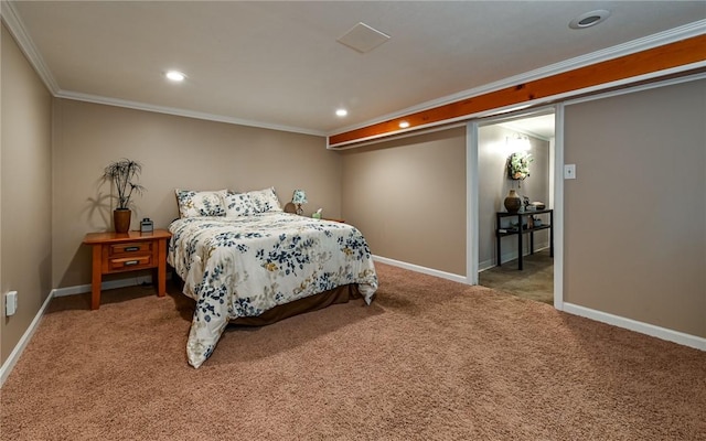carpeted bedroom featuring recessed lighting, crown molding, and baseboards
