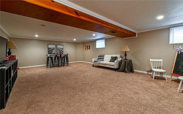 sitting room featuring carpet flooring, crown molding, recessed lighting, and baseboards