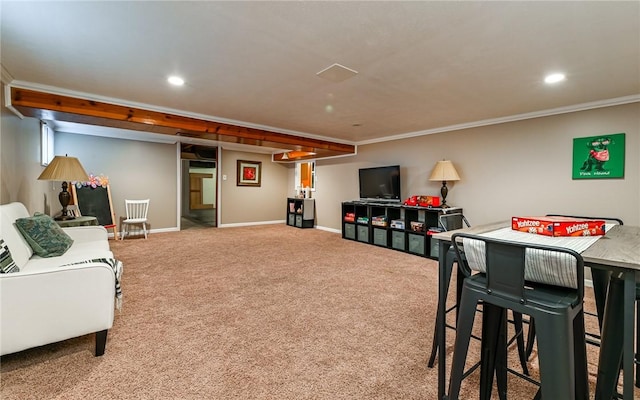 carpeted living room with ornamental molding, baseboards, and recessed lighting