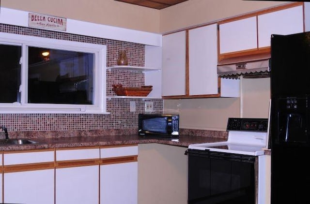 41 Sylvia Ave, Ross Twp, PA 15214 - kitchen featuring black appliances, white cabinetry, open shelves, a sink, and tasteful backsplash