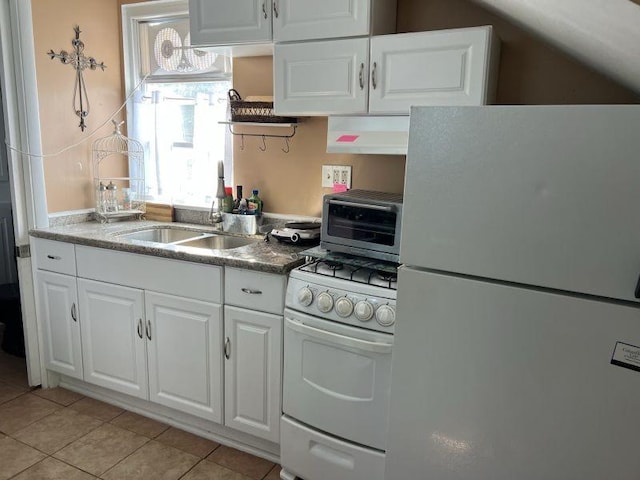 41 Sylvia Ave, Ross Twp, PA 15214 - kitchen with white appliances, open shelves, white cabinets, a sink, and light tile patterned floors