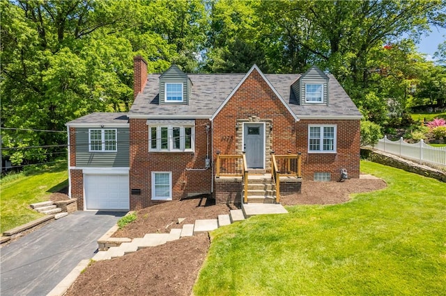 3334 Comanche Rd, Upper St Clair, PA 15241 - view of front of property with asphalt driveway, a chimney, an attached garage, and brick siding