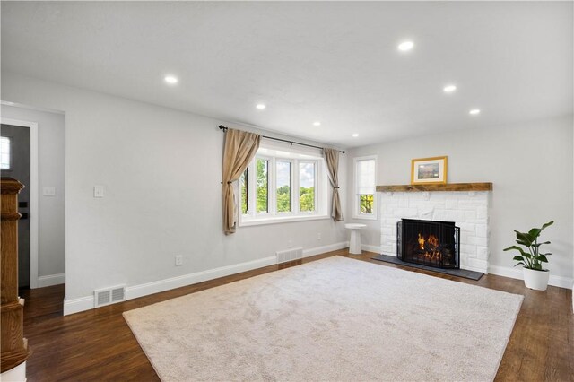 3334 Comanche Rd, Upper St Clair, PA 15241 - unfurnished living room with dark wood-style floors, a fireplace, recessed lighting, and baseboards