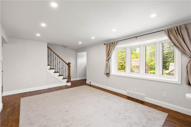 3334 Comanche Rd, Upper St Clair, PA 15241 - unfurnished living room with dark wood finished floors, baseboards, recessed lighting, and stairs