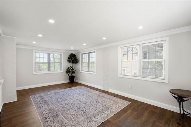 3334 Comanche Rd, Upper St Clair, PA 15241 - empty room with ornamental molding, baseboards, dark wood-type flooring, and recessed lighting