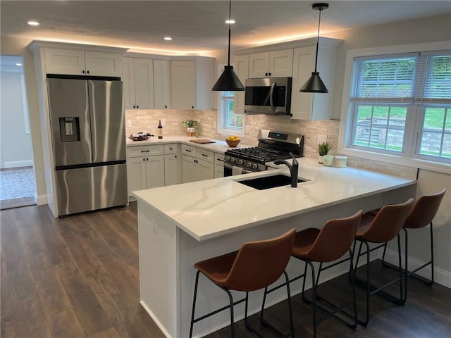 3334 Comanche Rd, Upper St Clair, PA 15241 - kitchen with appliances with stainless steel finishes, a peninsula, dark wood finished floors, a sink, and recessed lighting