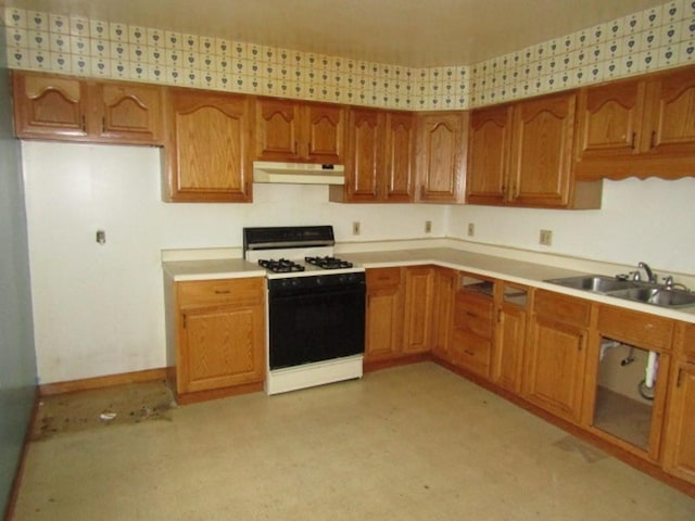 2101 Wharton St, South Side, PA 15203 - kitchen with range with gas stovetop, under cabinet range hood, a sink, and brown cabinetry