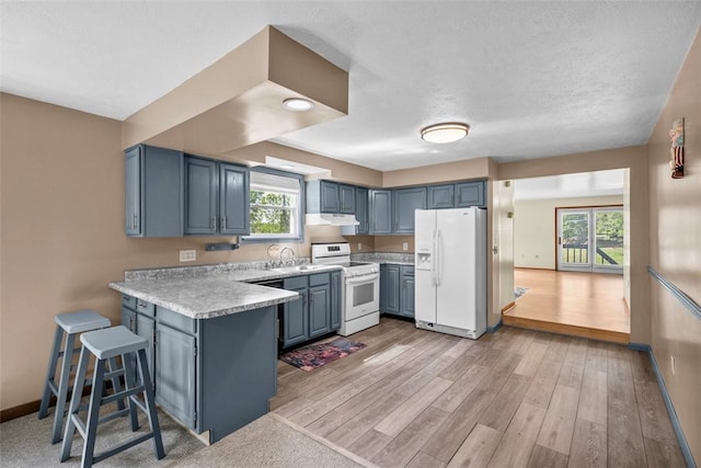 2918 Woodland Cir, Hampton, PA 15101 - kitchen with white appliances, a peninsula, blue cabinets, light countertops, and light wood finished floors