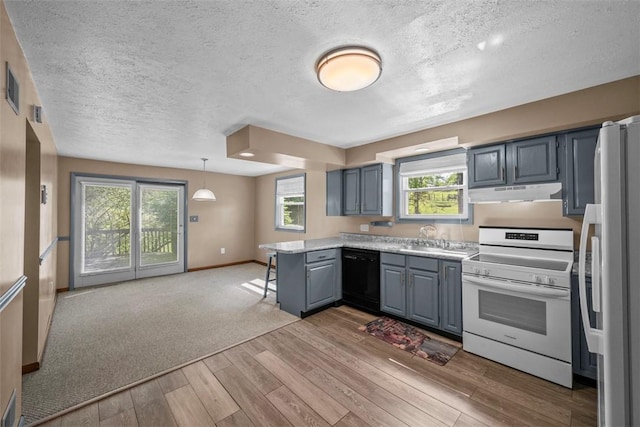2918 Woodland Cir, Hampton, PA 15101 - kitchen with white appliances, under cabinet range hood, light wood finished floors, light countertops, and a textured ceiling