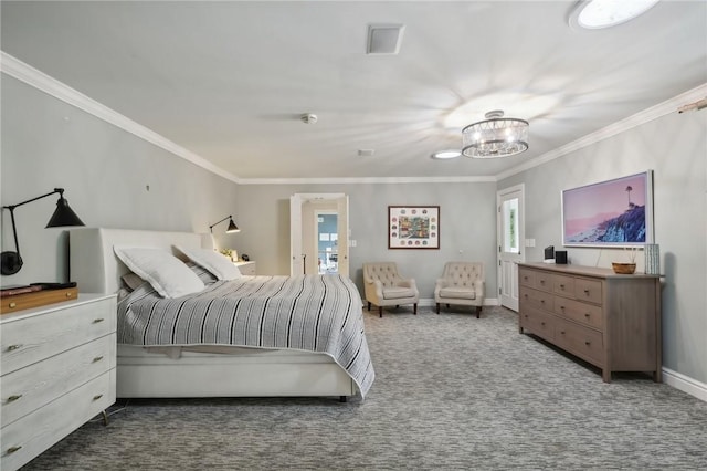 bedroom featuring ornamental molding, a chandelier, baseboards, and carpet flooring