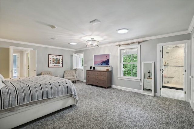carpeted bedroom featuring crown molding, baseboards, a chandelier, recessed lighting, and ensuite bath
